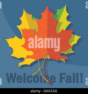 Arancione, giallo e verde di foglie di quercia in autunno su sfondo blu. Digital immagine vettoriale Illustrazione Vettoriale