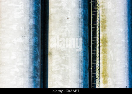 Calcestruzzo cilindrico silo di grano con la scala di metallo tra due cilindri. Foto Stock