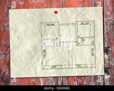 2d a mano libera nero disegno di vuoti interni home appartamento sul vecchio foglio di carta sulla rossa di tavole di legno sfondo Foto Stock