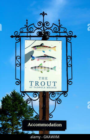 La trota pub segno, Tadpole Bridge, Oxfordshire, England, Regno Unito Foto Stock