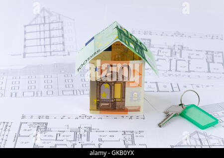 Casa,soldi,blueprint,chiave Foto Stock