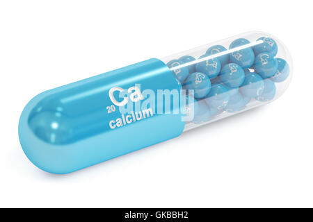 Capsula con calcio Ca elemento integratore dietetico, rendering 3D isolati su sfondo bianco Foto Stock