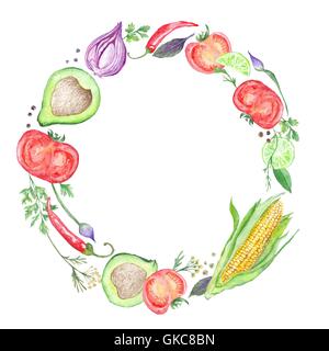 Circolo vegetariano cornice fatta di pomodori, peperoncino e cipolla, avocado e prezzemolo per menu, cucina print design Foto Stock