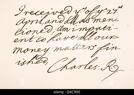 Charles Edward Louis Giovanni Casimiro Silvestro Severino Maria Stuart, 1720 - 1788, comunemente noto come il giovane pretendente, il giovane cavaliere, e Bonnie Prince Charlie. Giacobita pretendente al trono di Inghilterra, Scozia, Francia e Irlanda (come Carlo III). La scrittura a mano campione e firma. Foto Stock
