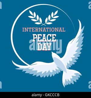 Giornata internazionale della pace emblema. Biglietto di auguri con battenti colomba e testo su sfondo blu. Illustrazione Vettoriale