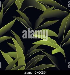 Modello senza cuciture con foglie di notte nella foresta di pioggia. Illustrazione Vettoriale