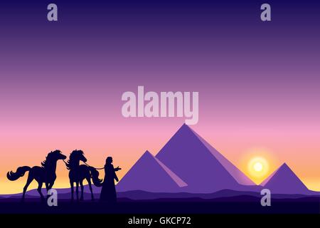Egitto Piramidi con Beduina e cavalli sagome su suns Illustrazione Vettoriale