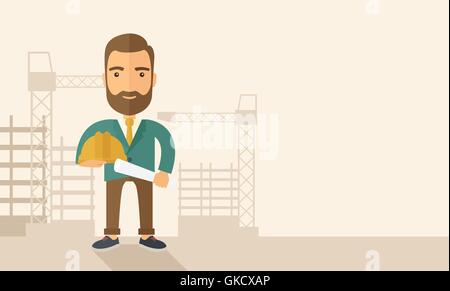 Giovane lavoratore edile azienda elmetto e blueprint. Illustrazione Vettoriale