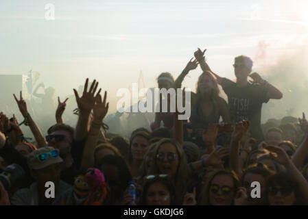 I frequentatori del festival al 2016 Boardmasters Surf e il festival di musica Foto Stock