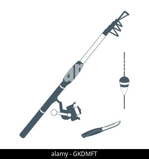 Icona stilizzata set di strumenti diversi per la pesca su sfondo bianco Illustrazione Vettoriale