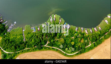 Vista aerea, boathouses sul Lago di Cracovia, Cracovia Regione dei Laghi, Lago di Cracovia, Cracovia am See, Meclemburgo Lake District, Foto Stock