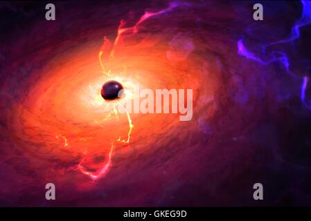 Un buco nero è un oggetto in modo compatto -- solitamente una stella collassata -- che nulla può sfuggire alla sua forza gravitazionale. Neppure la luce. In questa immagine si può vedere un buco nero, ma solo perché è circondato da un disco surriscaldato di materiale, un disco di accrescimento. La massiccia gravità è anche tirando in una vicina nube di gas. Foto Stock