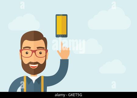 Un uomo indica l'icona dello smartphone Illustrazione Vettoriale
