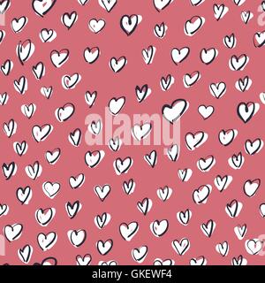 Cuori di colore bianco su sfondo rosa. Seamless disegnati a mano Pattern Illustrazione Vettoriale