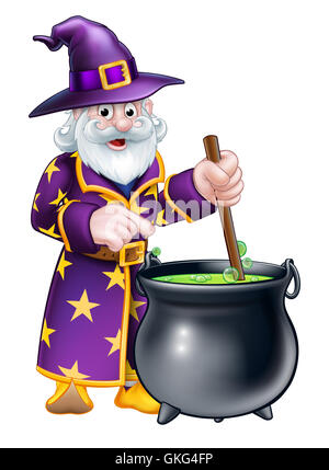 Un cartoon Halloween wizard agitazione un calderone e puntamento Foto Stock