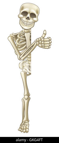 Un felice scheletro personaggio dei fumetti fa capolino intorno al lato di un segno e di dare un pollice in alto Foto Stock