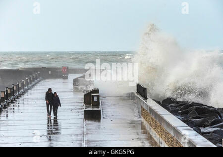 West Bay, Dorset, Regno Unito - 20 agosto 2016 - REGNO UNITO Meteo. Un brivido in cerca di giovane guardando un ondata di schiantarsi sul mare difese della Jurassic Pier durante una mattinata di mare mosso e gale force venti che ha flagellato la località costiera di West Bay nel Dorset durante un unseasonal tempesta estiva. Immagine: Graham Hunt/Alamy Live News Foto Stock