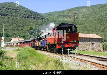 Poco turistica treno a vapore da Anduze andando a Saint-Jean-du-Gard e appena superato il viadotto Corbes Foto Stock