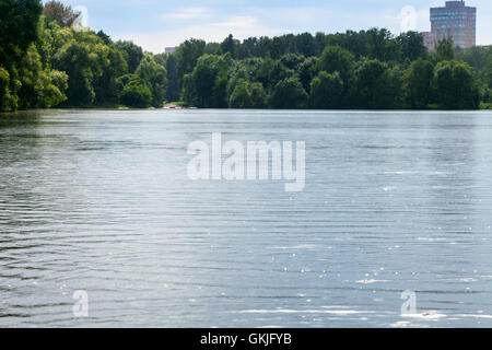 Leggera pioggia sul laghetto di città in serata d'estate. Grande giardino (accademici) stagno, Mosca Foto Stock