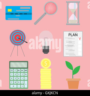 Affari e finanza set di icone. Concetto di finanze in stile appartamento, denaro e obiettivo. Illustrazione Vettoriale Foto Stock