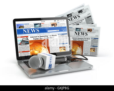 News concept. Computer portatile con microfono e giornale isolato su bianco. 3d illustrazione Foto Stock