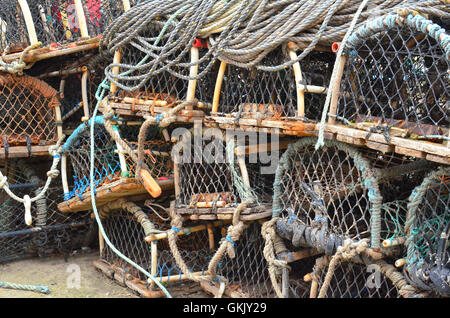 Aragosta bicchieri impilati sul porto di Staithes North Yorkshire England Regno Unito Foto Stock