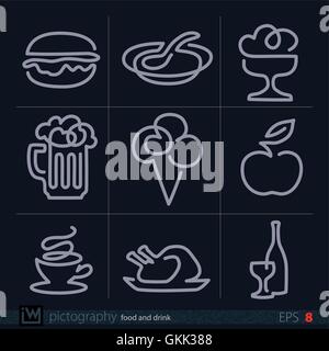 Nove cibi e bevande icone, disegni speciali dalla linea singola. Design per logo, menu carte, segno bordo, borsa, annunci, ecc. Illustrazione Vettoriale