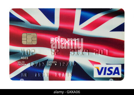 Carta di credito visa con unione bandiera design sul davanti con la parola brexit aggiunto England Regno Unito Foto Stock