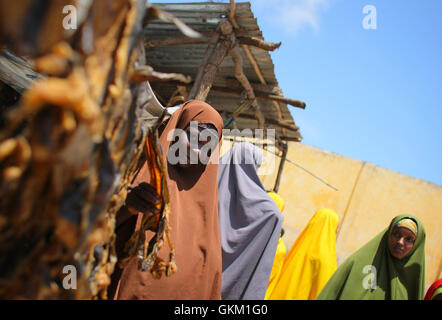 SOMALIA, Kismayo, in una fotografia scattata e rilasciato dall'African Union-United Nazioni Informazioni sul team di supporto 07 ottobre, una donna somala vende pesce essiccati da un chiosco in una area di mercato nel centro della Somalia meridionale città portuale di Kismayo, circa 500km a sud della capitale Mogadiscio. AU-ONU IST foto / STUART PREZZO. Foto Stock