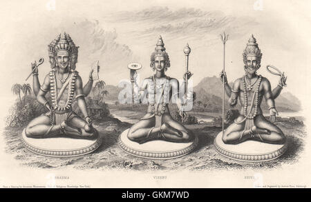 Il Trimurti o trinità indù; Brahma, Vishnu e Shiva, antica stampa 1840 Foto Stock