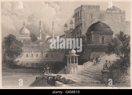 Baoli & palazzo di Jahangir (figlio di Akbar il grande), Delhi. India, stampa 1840 Foto Stock