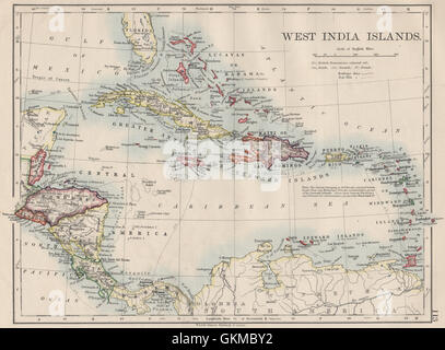 WEST INDIA isole. Caraibi Lucayas Caribbee Cuba. JOHNSTON, 1900 mappa vecchia Foto Stock