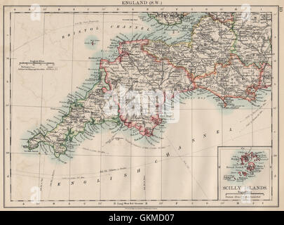 Sud Ovest Inghilterra.Devon Cornovaglia Dorset Somerset.Telegraphs.Johnston, 1903 Mappa Foto Stock