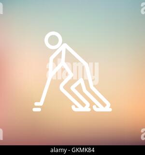 Giocatore di Hockey spingendo il puck thin line icona Illustrazione Vettoriale