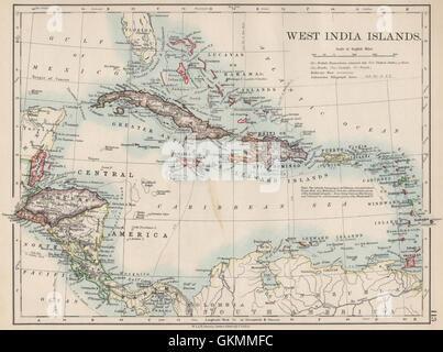 WEST INDIA isole. Caraibi Lucayas Caribbee Cuba. JOHNSTON, 1903 mappa vecchia Foto Stock