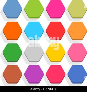 16 icona vuoto in stile appartamento. Chiave esagonale testa 3D pulsante con ombra su sfondo bianco. Blu, Rosso, giallo, grigio, verde, rosa, arancione Illustrazione Vettoriale