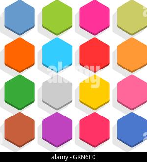 16 icona vuoto in stile appartamento. Chiave esagonale testa 3D pulsante con ombra su sfondo bianco. Blu, Rosso, giallo, grigio, verde, rosa, arancione Illustrazione Vettoriale