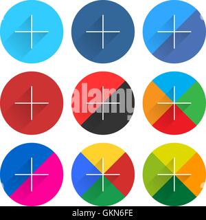 9 popolare social network web icon set plus con aggiunta di segno lunga ombra. Tasto cerchio su sfondo bianco. Uno stile piatto Illustrazione Vettoriale