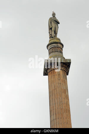 Un gabbiano si siede sulla testa della statua di Sir Walter Scott in cima alla Walter Scott Colonna commemorativa. George Square, Glasgow Foto Stock