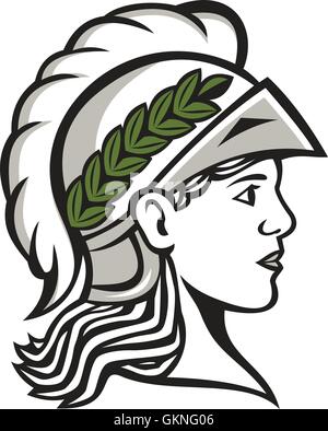 Illustrazione di Minerva o Menrva, dea romana della sapienza e sponsor delle arti, degli scambi e della strategia che indossa helment e corona di alloro capo visto dal lato impostato su isolato sullo sfondo bianco. Illustrazione Vettoriale