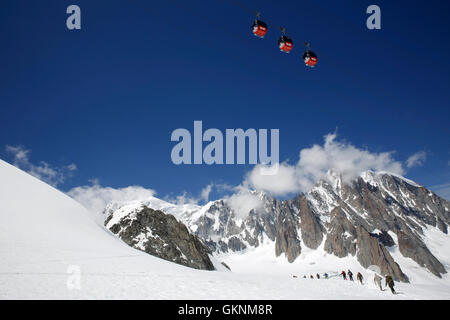 Mont Blanc e il massiccio del Monte Bianco, con cavo auto nel cielo blu e alpinisti alpino sul ghiacciaio. Valle d'Aosta, Ital Foto Stock