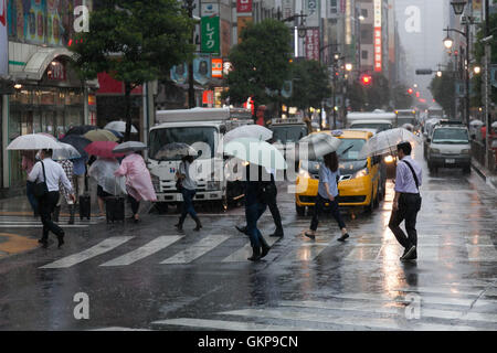 Tokyo, Giappone. Il 22 agosto, 2016. Pedoni tenere ombrelli sotto la pioggia nel centro cittadino di Tokyo mentre il tifone Mindulle era il cuscinetto verso il basso sulla regione di Kanto Lunedì mattina il 22 agosto 2016, Tokyo, Giappone. La Japan Meteorological Agency ha annunciato che il tifone è stato di circa 190 km a sud di Tokyo questa mattina intorno alle 8 del mattino ed è prevista a picco nel primo pomeriggio. L'agenzia meteo rilasciato heavy rain e allarme alluvione a Tokyo dove i mezzi di trasporto pubblici come i treni e i voli sono stati colpiti. Mindulle è il nono tifone della stagione. Credito: Rodrigo Reyes Marin/AFLO/Alamy Live News Foto Stock