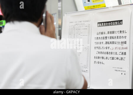 Tokyo, Giappone. Il 22 agosto, 2016. Oriente Giappone Railway Co. annuncia per riavviare le operazioni a 7:30 pm alla stazione di Meguro o Agosto 22, 2016, Tokyo, Giappone. Typhoon Mindulle ancorato nella prefettura di Chiba situato a est di Tokyo lunedì intorno 12:30pm. JR East ha incidenti segnalati su linee diverse tra cui JR Yamanote dove un albero è caduto a JR stazione Harajuku. Credito: Rodrigo Reyes Marin/AFLO/Alamy Live News Foto Stock