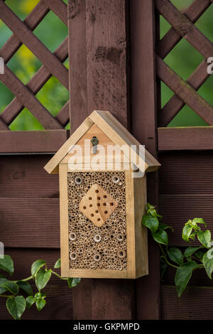 Insetto scatola di nido appeso su un giardino recinto. Foto Stock