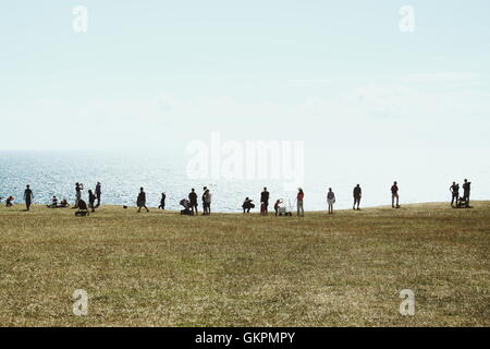 Persone sagomate si sono riunite in un campo erboso a picco sul mare in una luminosa giornata estiva Foto Stock