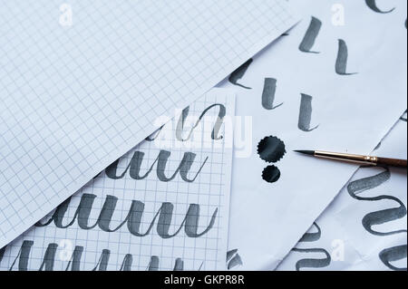 La calligrafia antico penne e macchie di inchiostro con la voglia di scrivere su carta Foto Stock