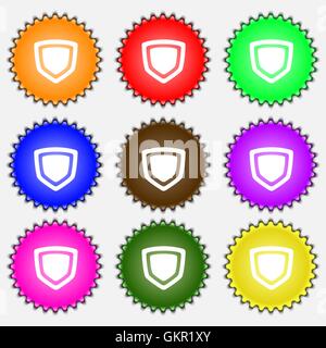 Icona dello scudo segno. Un insieme di nove diverse etichette colorate. Vettore Illustrazione Vettoriale
