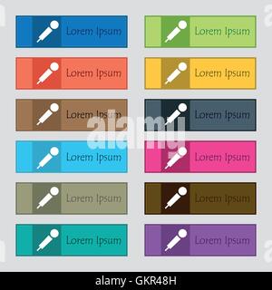 Icona a forma di microfono segno. Set di dodici rettangolare, colorata, bella e di alta qualità per i pulsanti del sito. Vettore Illustrazione Vettoriale