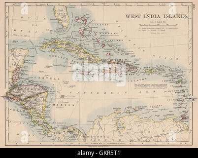 WEST INDIA isole. Caraibi Lucayas Caribbee Cuba. JOHNSTON, 1895 mappa vecchia Foto Stock