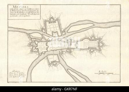 'Meziers'. Charleville-Mézières town/city plan. Ardenne. DE FER, 1705 mappa vecchia Foto Stock